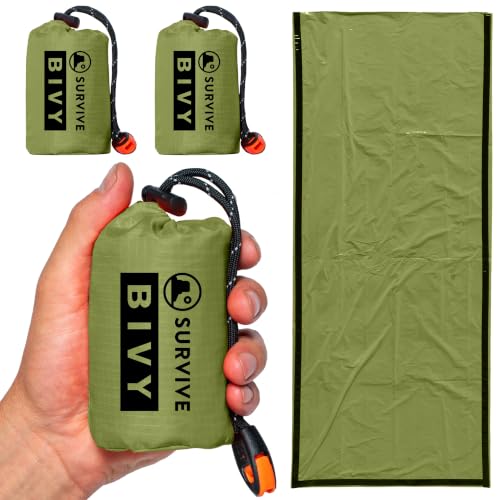 SURVIVE Bolsa de Dormir 2 Pack, Bolsa de Emergencia Mylar para Camping, Protección Térmica para Todas las Estaciones, Incluye 14 pulgadas de Paracord y Silbato miniatura 1