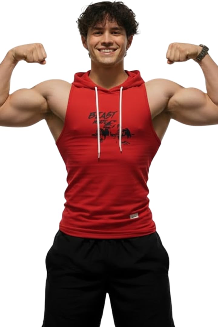 men's printed polyester sleeveless gym vest with cap - quick dry muscle fit workout tank top