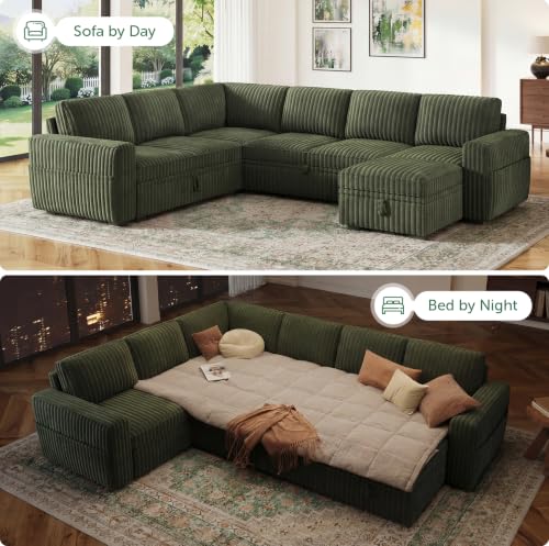 Image of HONBAY Modular Sectional Sleeper Sofa with Pull Out Bed,Corduroy U Shaped Couch with Storage, Sectional Couches for Living Room,Green