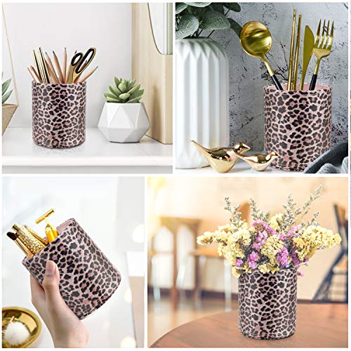 Image of Pen Holder for Women Girls Desk Decor Pencil Cup for Decoration Durable Leather Desk Organizer Makeup Brush Holder, Classic Leopard