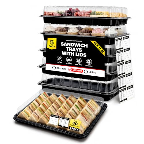 5 Pack Catering Trays with Lids – 15" Serving Tray with Lid, Heavy Duty Recyclable Plastic Party Platters for Catering, Buffet, Picnics & Events – Food Trays with Clear Lid (15.35 × 11.42 × 2.95 inch)