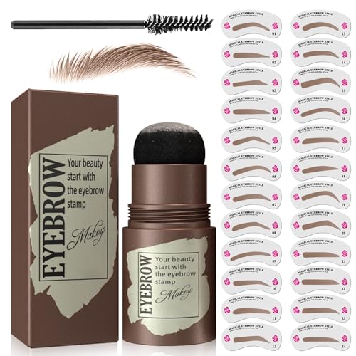 Eyebrow Stamp Stencil Kit - Eyebrow Stencils for Shaping with Eyebrow Brush, Brow Shaping Kit with 24 Reusable Thin & Thick Eyebrow Stencils Long-Lasting Waterproof (Light Brown)