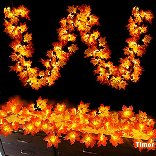 Timer - 2 Pack Fall Garland with Lights Fall Halloween Decorations Indoor, Maples Leaves Lighted Halloween Garland Total 20Ft 40LED Battery Operated Autumn Thanksgiving Decor Indoor Outdoor Christmas