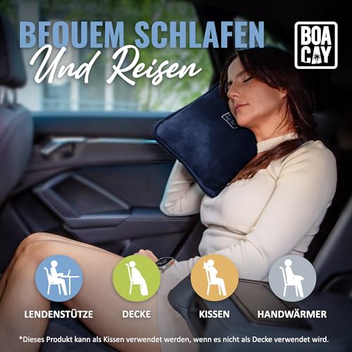 BOACAY Weiche & Warme Reisedecke für Flugzeug & Auto - Unentbehrlich für Lange Flüge für Frauen, Männer, Kinder - Kompaktes Kissen mit Gepäckhülle & Rucksackclip