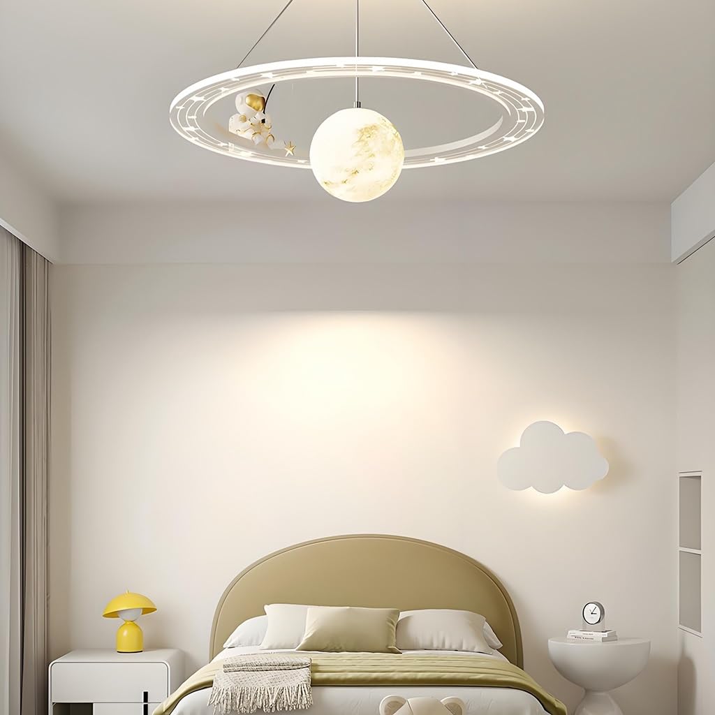 Dziecięcy Pokój Lampa Wisząca Z Ochroną Oczu LED Regulowana Temperatura Koloru Żyrandol Prosty Nowoczesny Styl Kreatywny Astronaut Księżyc Sypialnia Wiszące Światło(White)