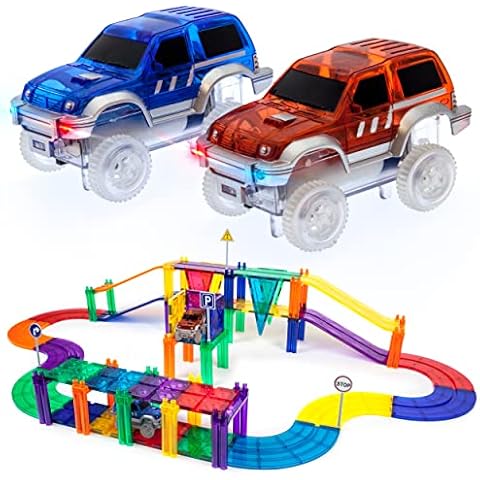PicassoTiles 50 Piece Race Car Track Building Block Educational Toy Set Magnetic Tiles Magnet DIY Playset 2 Light Up Car STEM Learning Construction Kit Hand-Eye Coordination Fine Motor Skill Training Cover