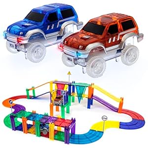 PicassoTiles 50 Piece Race Car Track Building Block Educational Toy Set Magnetic Tiles Magnet DIY Playset 2 Light Up Car…