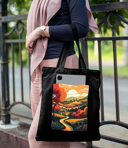 Image of ZORI Black Tote Bag With Pocket Printed Designed Canvas Tote Bags For Women large capacity,Tote bag For Shopping, College, Travel, More Canvas Handbag For Unisex Bag