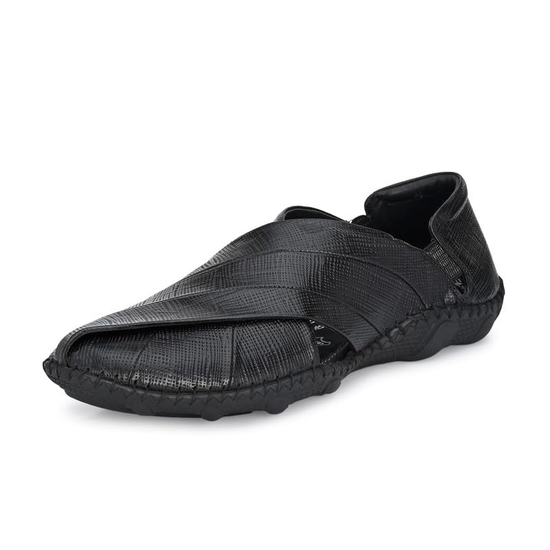 hitz Men's Black Leather Slip-On Casual Sandals-picture-51