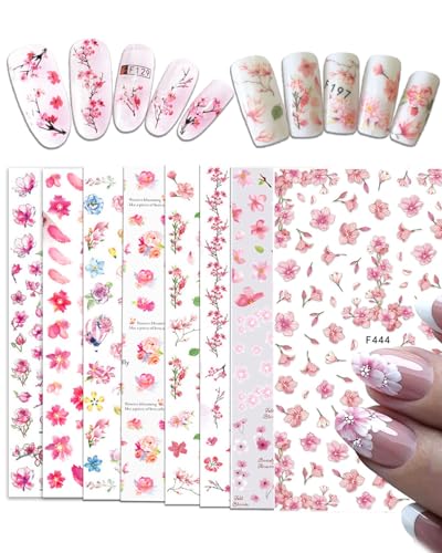 JEXOWIQ Pegatinas de uñas - 8 hojas de pegatinas de uñas con flores 3D para decoración de uñas, diseño de uñas, autoadhesivas, decoración de uñas para mujeres, niñas y niños