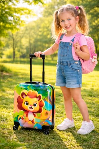 Image of Kids Travel Trolley Suitcase, Lightweight Hard Shell Cabin Luggage for Boys & Girls, Cute Lion Design Rolling Suitcase with 360 Spinner Wheels