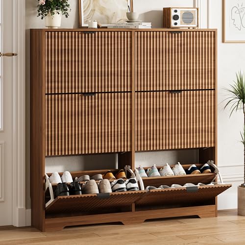 Image of Shoe Cabinet Storage for Entryway with 6 Flip Drawers, Walnut Fluted Shoe Cabinet with Adjustable Shelves, Wooden Hidden Shoe Rack Freestanding Narrow Slim Shoes Storage for Hallway, Entrance