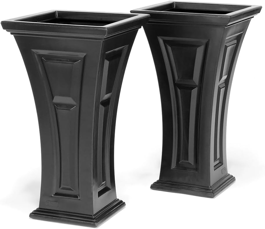 FCMP Outdoor Heritage Self-Watering Planter (2-Pack) – Set of 2 Large Planters for Porch, Patio, Outdoor/Indoor (HP3000-BLK-2) Black (28.5-inch Tall)