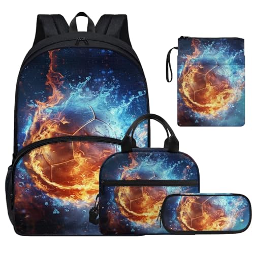 Fire Basketball Backpack for School Boy with Lunch Bag Pencil Case and Zipper Book Cover Laege Capacity Backpacks Set 4 in 1 Birthday Gifts for Sons