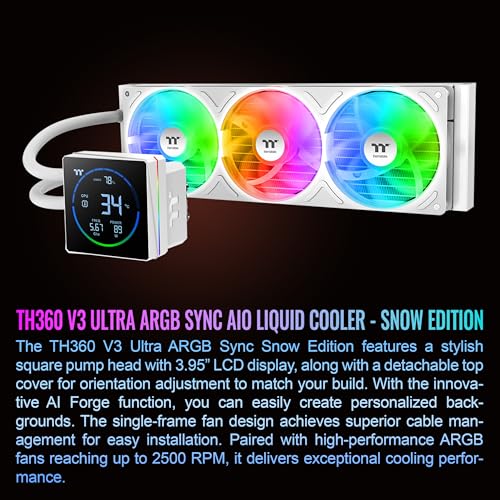 Image of Thermaltake TH360 V3 Ultra ARGB CPU Liquid Cooler; Intel /AMD; 1x360mm 500~2500rpm Single Frame ARGB Fan; 3.95 inch TFT 720x720p LCD; Rotatable Pump Head; TT LCD Screen Control; Snow; CL-W476-PL12SW-A