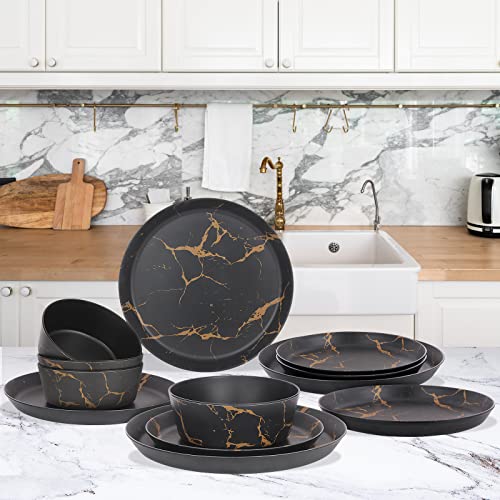 Felovuwon Melamine Dinnerware Set 12Pcs Unbreakable Dinner Plates And Bowls Set For 4 Bpa-Free Dishwasher Safe Dishes Set Suitable For Casual Indoor Outdoor Dining Party Rv Camping (Black Marble) #TOP2