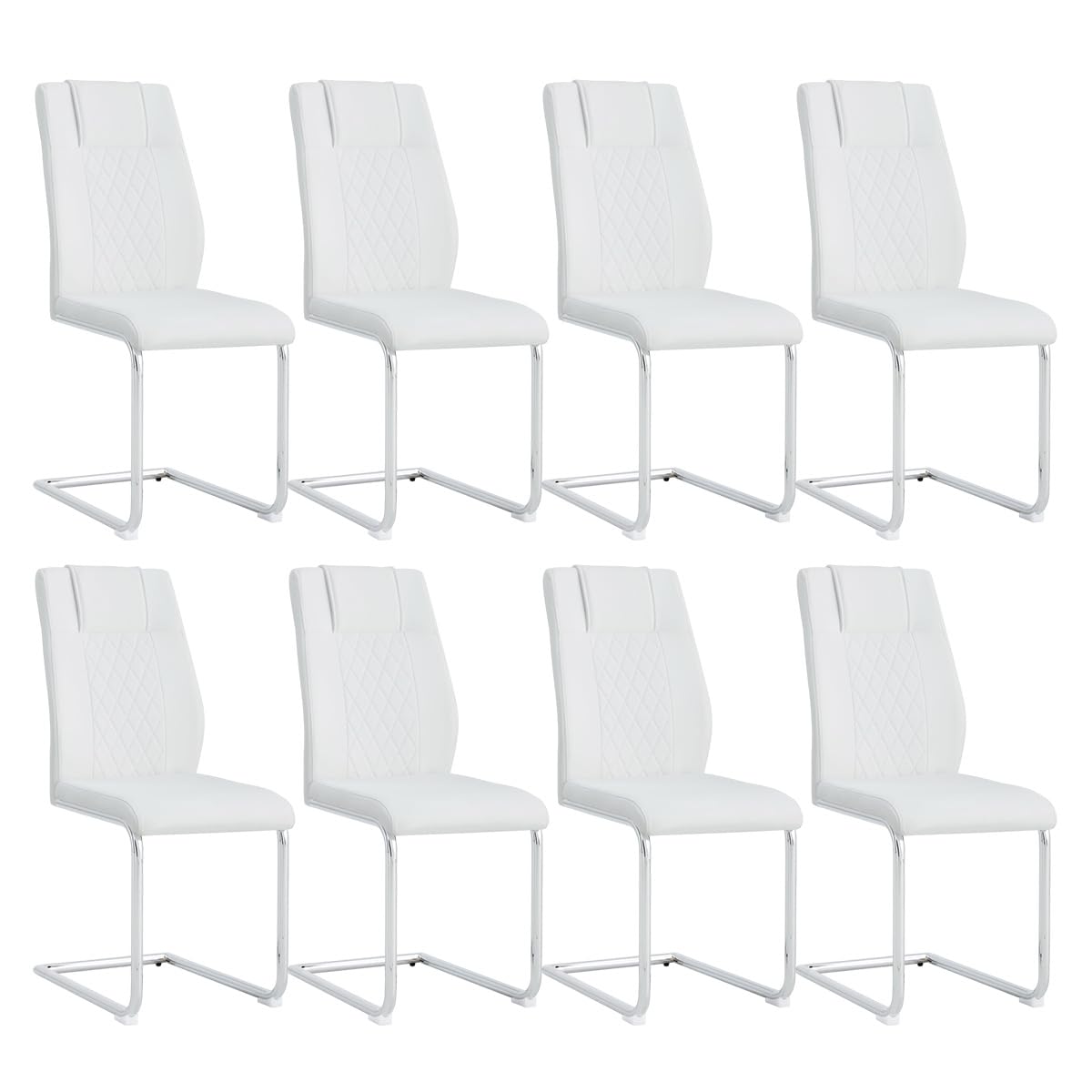 MEMUY Dining Chairs Set 8, High Back White Kitchen Chairs,Waterproof Faux Leather Dinner Chairs with Upholstered Seat,Armless Side Chairs with Chrome