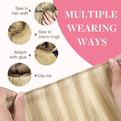 Image of GOO GOO Sew in Hair Extensions Real Human Hair, Weft Hair Extensions Human Hair, 18A /613A Dark Blonde Highlighted Bleach Blonde 20inch 130g, Weft Bundles Straight Silky Remy Hair