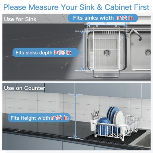 Image of JASIWAY White Dish Drying Rack in Sink with Mat, Cups and Utensil Holder