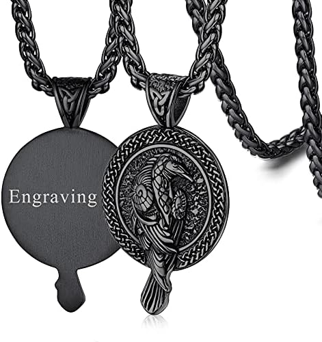 FaithHeart Norse Jewellery Viking Raven Necklace Stainless Steel Odin Crow Pendant Nordic Amulet Jewelry for Men Boys Can Custom Engraved