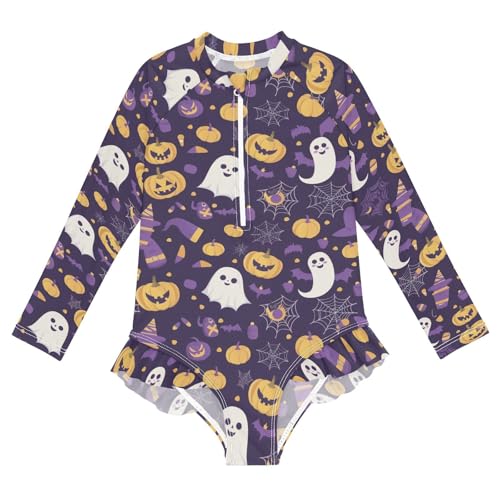 CaTaKu Girls One Piece Swimsuit Cute Purple Halloween Toddler Bathing Suit Long Sleeve UPF 50+ Rash Guard Swimwear 3-12Y