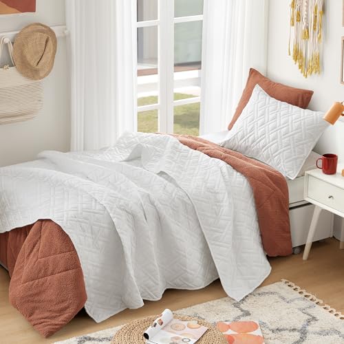 Comfort Spaces Twin Quilt Set Modern Reversible Diamond Coverlet Twin Bedding Set Cozy Quilted Winter Layer, All Season Lightweight Soft Twin Size Quilt, Kienna, Twin/Twin XL White Diamond 2 Piece