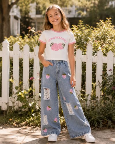Image of Azmxynol Tween Girl Clothes Short Sleeve Top + Butterfly Design Jeans 2 Pieces Spring Summer Outfit Set, Size 6-16 Years