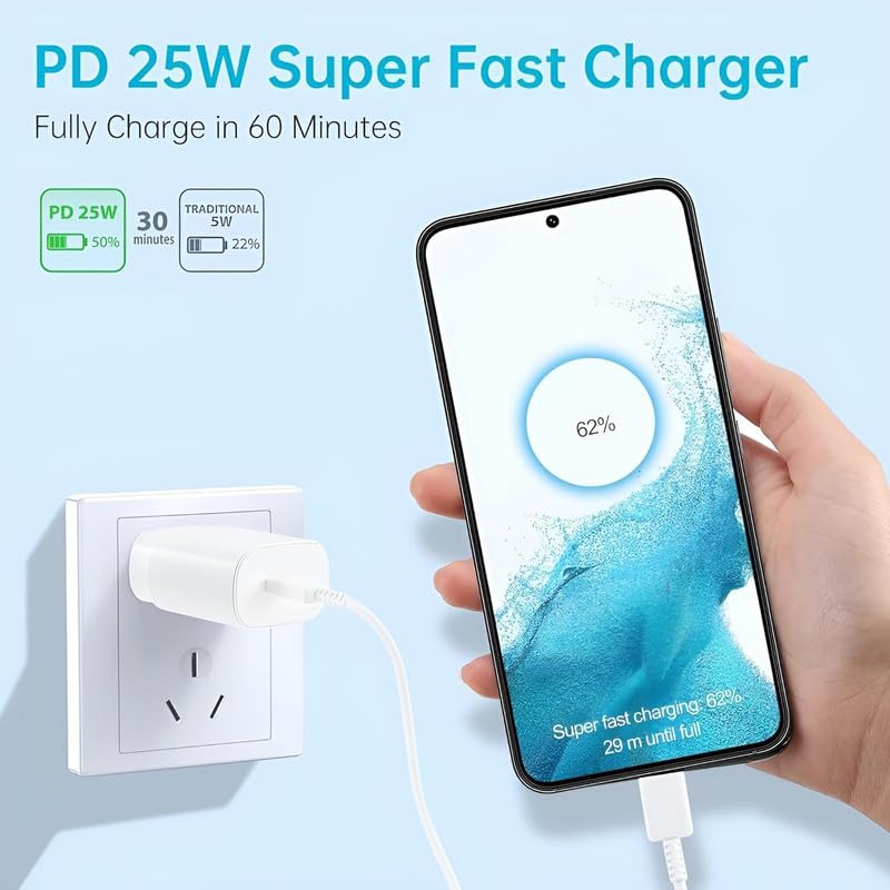 Image of 25W Type C Charger for Samsung Galaxy M55 5G | USB C to C Port Super Fast Charging Adapter for Galaxy Tab S9 Ultra /S9 Fe /S9 plus /S9 /A9 /A9 Plus /S8, 25 w Quick Mobile Phone Adaptor USB-C Device, White
