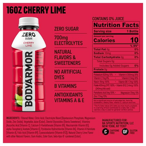 Image of BODYARMOR ZERO Sugar Cherry Lime Electrolyte Drink, Natural Flavors, 16 Fl Oz Bottles (12 Pack), B Vitamins & Antioxidants Sugar Free Hydration