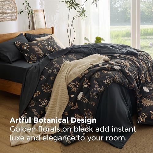 Image of Bedsure Floral Black Comforter Set, Queen Bedding Sets, 7 Piece | Bed in a Bag, Comforters, Bedroom, Reversible, Fluffy, Whisper-Quiet, All-Season, Polyester, Easy Care, Botanical-Chic, OEKO
