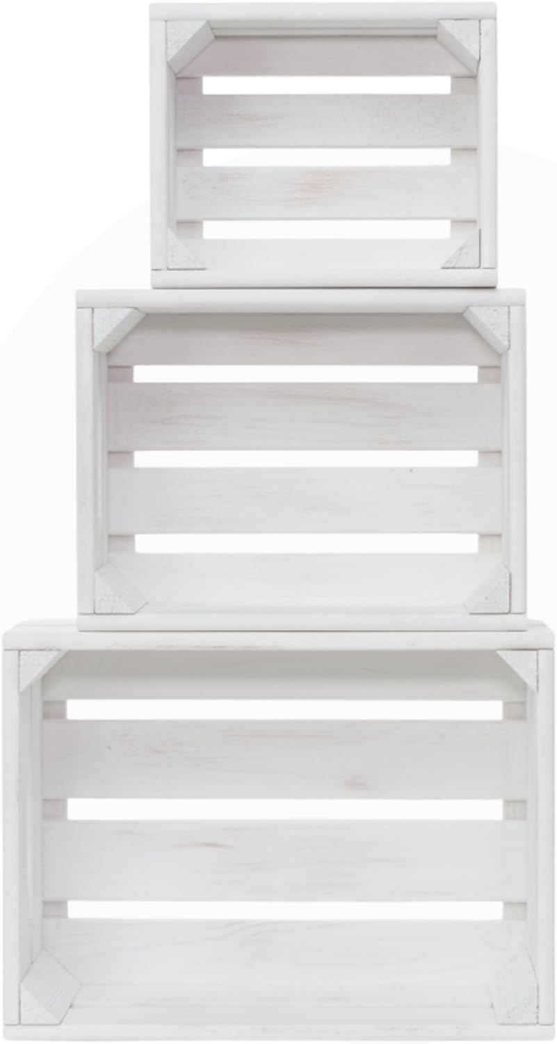 ITA Home & Garden Set de 3 cajas decorativas de madera Nora en 3 tamaños. Apilables y encajables. Madera certificada FSC, asas prácticas y diseño vintage. Fabricadas en la UE - Blanco