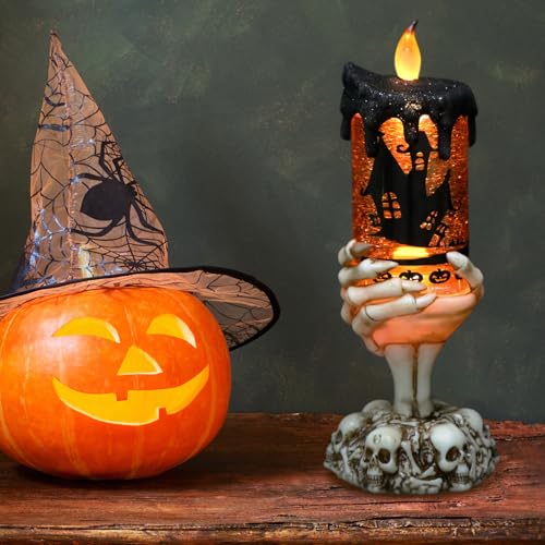 Image of Halloween Snow Globe Flameless Candle with Timer, Battery Operated Tornado Lamp Skeleton Hand Candle Holder Yellow Light Glittering Spinning Water Halloween Table Decor(Bats, 4 inch x 10 inch)