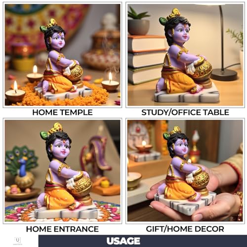 Image of UNOVATE Krishna Makhan Chor Statue Figurine Showpiece for Home Temple, Living Room & Pooja Decor | Lord Krishna Idol Showpiece for Housewarming Gift for Janmashtmi (Purple Finish)
