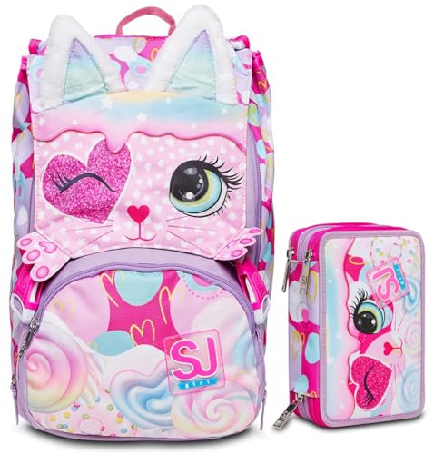 SJ Gang Zaino Scuola Estensibile, Rosa, HEART LOLLY, Doppio Scomparto, Zaino Scuola Bambina + Astuccio Triplo Scomparto