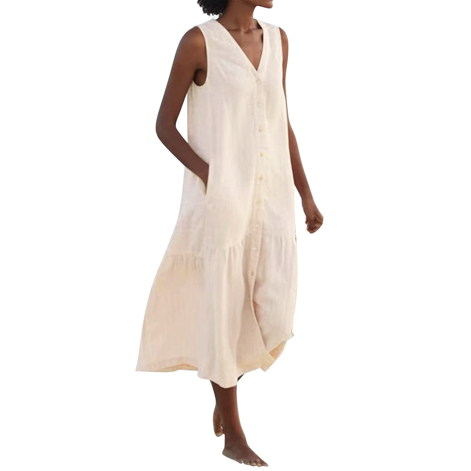 Robe De Plage Femme Robe D'été En Lin Col V Manches Courtes