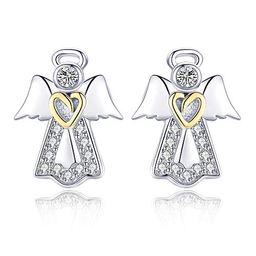 CZ Angel Stud Earrings for Women 925 Sterling Silver Cubic Zirconia Small Cute Crystal Gold Heart Studs Tragus Post Hypoallergenic Lovely Jewelry Gift for Daughter Niece