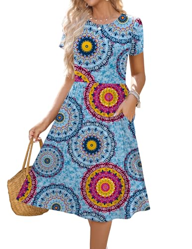 Image of HOTOUCH Women's Summer A-Line Midi Dresses 2026 Casual Floral Short Sleeve T-Shirt Dress Flowy Beach Sundress with Pockets