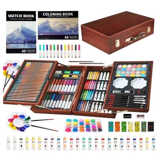 KINSPORY Maletin Pinturas para Niños, 139 Piezas Juegos de Dibujo, Acuarelas Lapices con Caja de Madera (marrón)