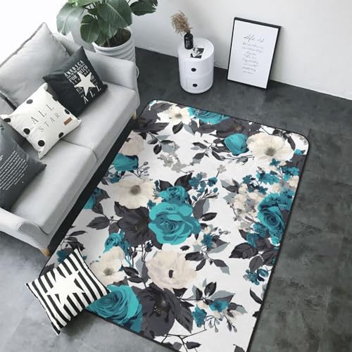 Tapis imprimé de roses noir blanc gris grand format 203x147 cm - 4