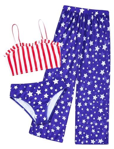 Image of Vogseek 6-16T Girls 3 Pieces Bikini Bathing Suit with Rash Guard Pants Quick Dry Swimwear Cover-Up Sets