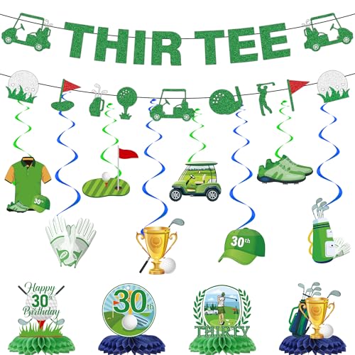 Image of Golf 30th Birthday Decorations Men - 14 Pcs Golf Themed Thir Tee Banners, Hanging Swirls, Honeycomb Table Centerpieces for Him Men 30 Birthday Celebration Sports Party Supplies Decoration