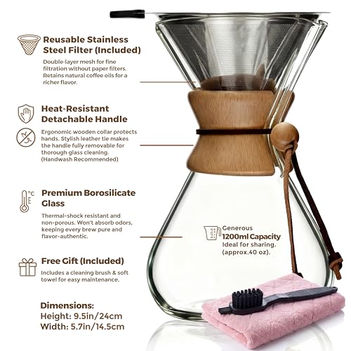 Image of AGOGO Pour Over Coffee Maker Set, 40oz Classic Style, 304 Stainless Filter | Barista kit for home kitchen, Cafe, Camping & Office; 20oz-40oz Classic, Slim, Diamond styles; Includes brush & towel.