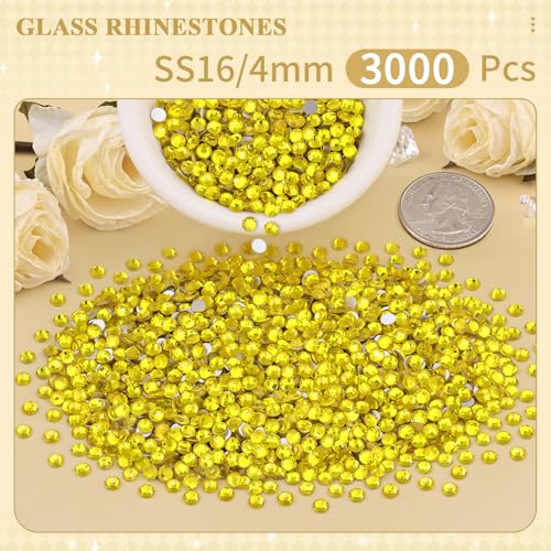 Image of 3000PCS SS16 /4mm Crystal Glass Rhinestones for Bedazzling (Lemon Yellow) | Flatback Rhinestones for Crafting DIY Nail Art Makeup Decoration, Gems Diomand Charms for Tumbler Shoes Clothing Mug