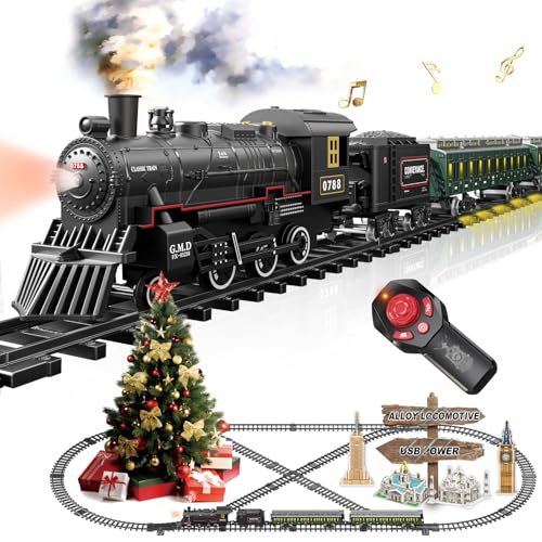 Electric Train Sets Remote Control for Kids Metal Alloy Christmas Train Toys Steam Locomotive Glowing Passenger Carriages Luxury Tracks Light & Sounds Birthday Gifts for Boys Girls Green