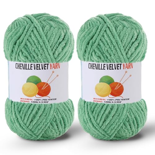 Image of 2 * 100g /3.5oz Fluffy Chenille Yarn for Crocheting, Chunky Velvet Yarn for Crochet Amigurumi, Used for Making Baby Yarns Blanket, Clothes, Pattern Knitting Creations (Light Green)