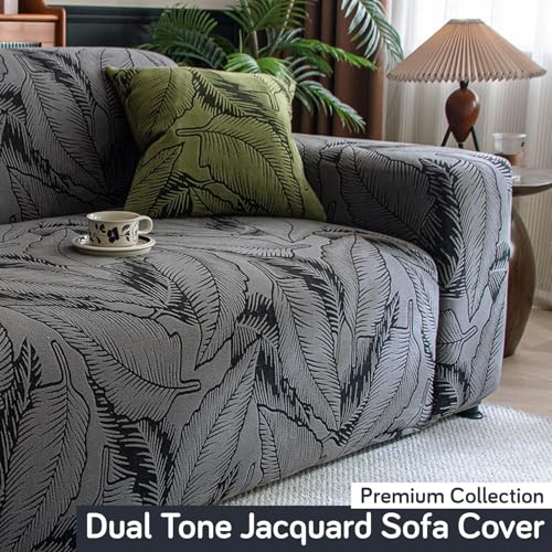 Image of HOKIPO 200gsm Dual Tone Knitting Jacquard Sofa Cover 1 Seater Fully Covered, Shadow Grey (NEW2-AR-6032-GRY)