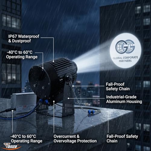 Image of TONZO 600W LED Logo Projector Light, 66000 Lumens, 7-300ft Range, 1 Custom Lens, IP67 Waterproof Outdoor GOBO Projector with Remote, Static & Rotating Signage Light for Shop Event Business Storefront