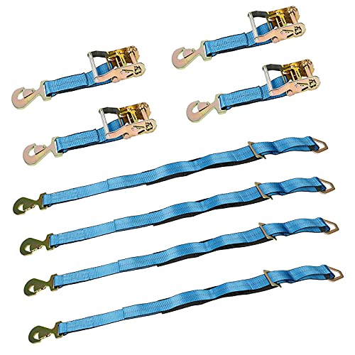 Heavy Duty Ratchet Straps - Pro Set - 4 Pack 8 ft Axle Straps Race Car Trailer Car Hauler Ratchet Tie Down Flatbed Tow Blue for Boat, ATV & Motorcycle Tie Down Straps