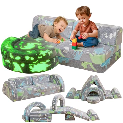 Image of Stmoze 10Pcs Modular Kids Play Couch Glow, Convertible Play Fort Kids Couch, Instant Rebound 28D Foam Toddler Couchs, Kid Sofa for Playroom, Bedroom Furniture, Gray and Dinosaur