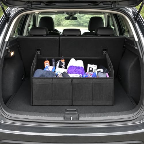 Image of Automaze Oxford Trunk Organisers For Cars & SUV's, Foldable 2 Compartment Automotive Storage Box With 10 Pockets, Anti-Slip Velcro, Portable Boot Organiser, Black